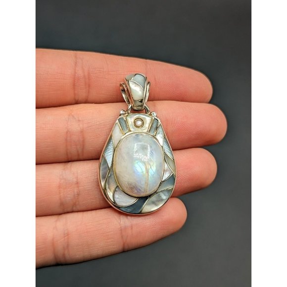 Ed Lohman Sterling Silver Rainbow Moonstone Mother Of Pearl MOP Inlay Pendant - Picture 7 of 10